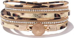 FANCY SHINY Boho Wrap Bracelets Leather Cuff Bracelet Bohemian Jewelry Resin Stone Leather Necklace with Clasp for Women