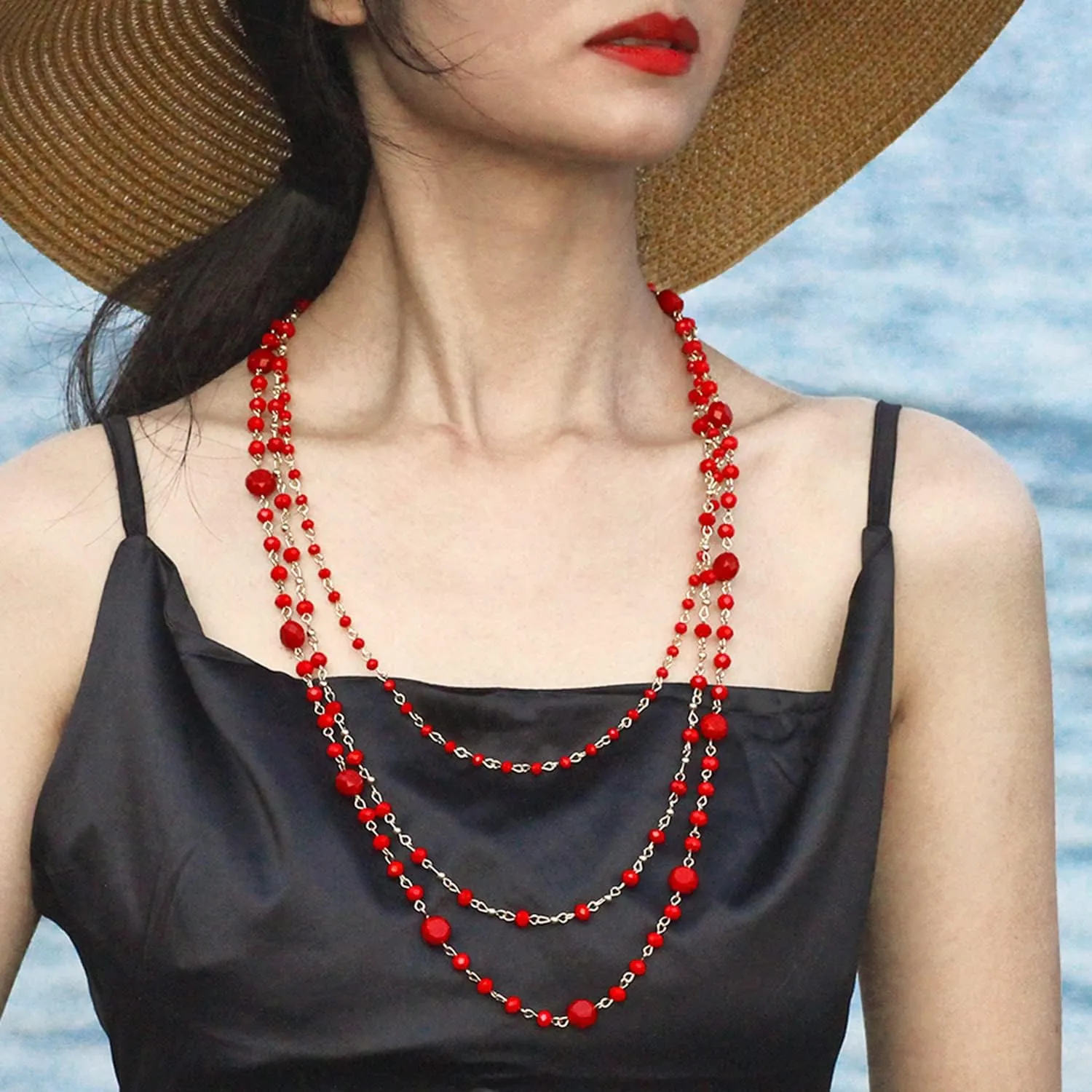 Firstmeet Long Chain Multi Layer Fashion Glass Beads Handmade Necklace for Women