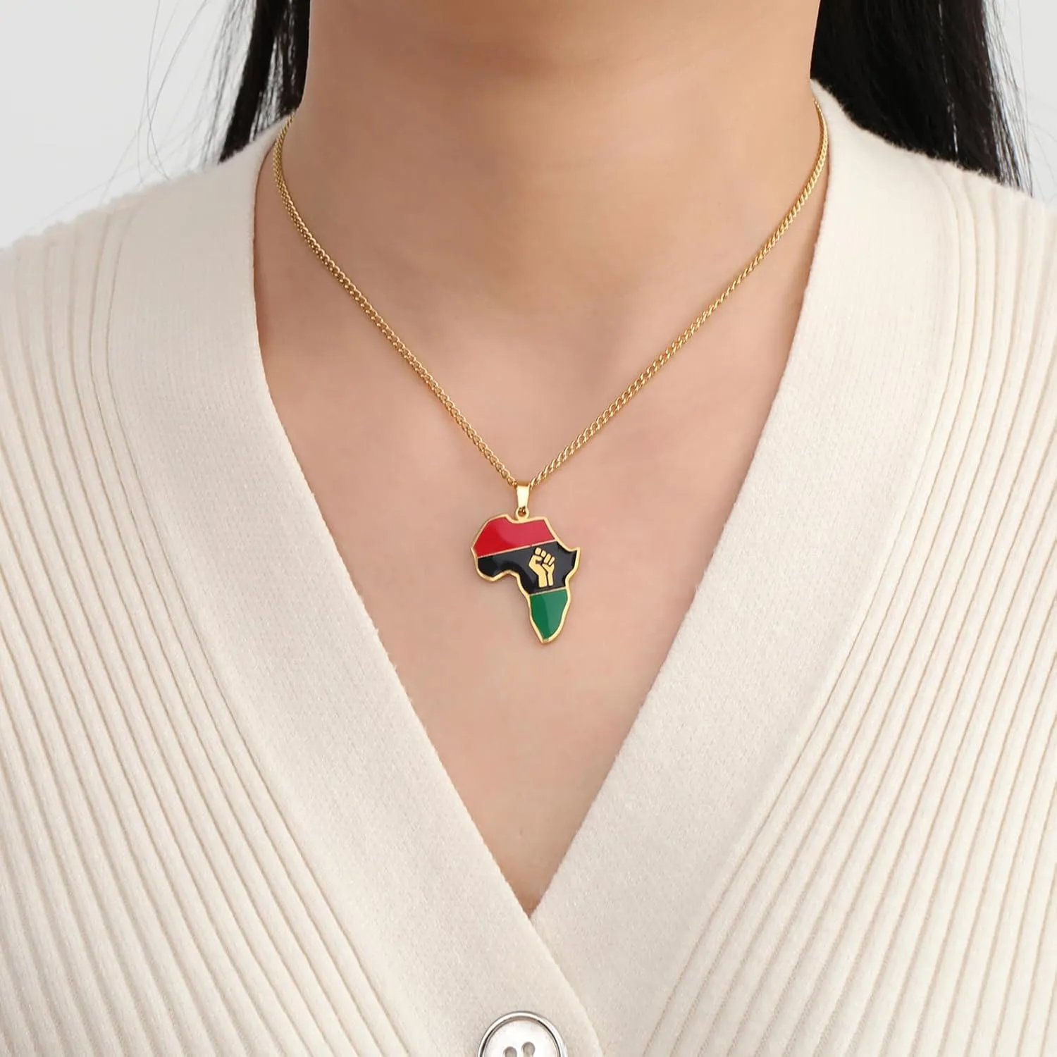 Fist Power in Pan African Necklace for Women Stainless Steel Colored Africa Map Pendant Necklace Africa Map Continent Hiphop Jewelry Gift for Men