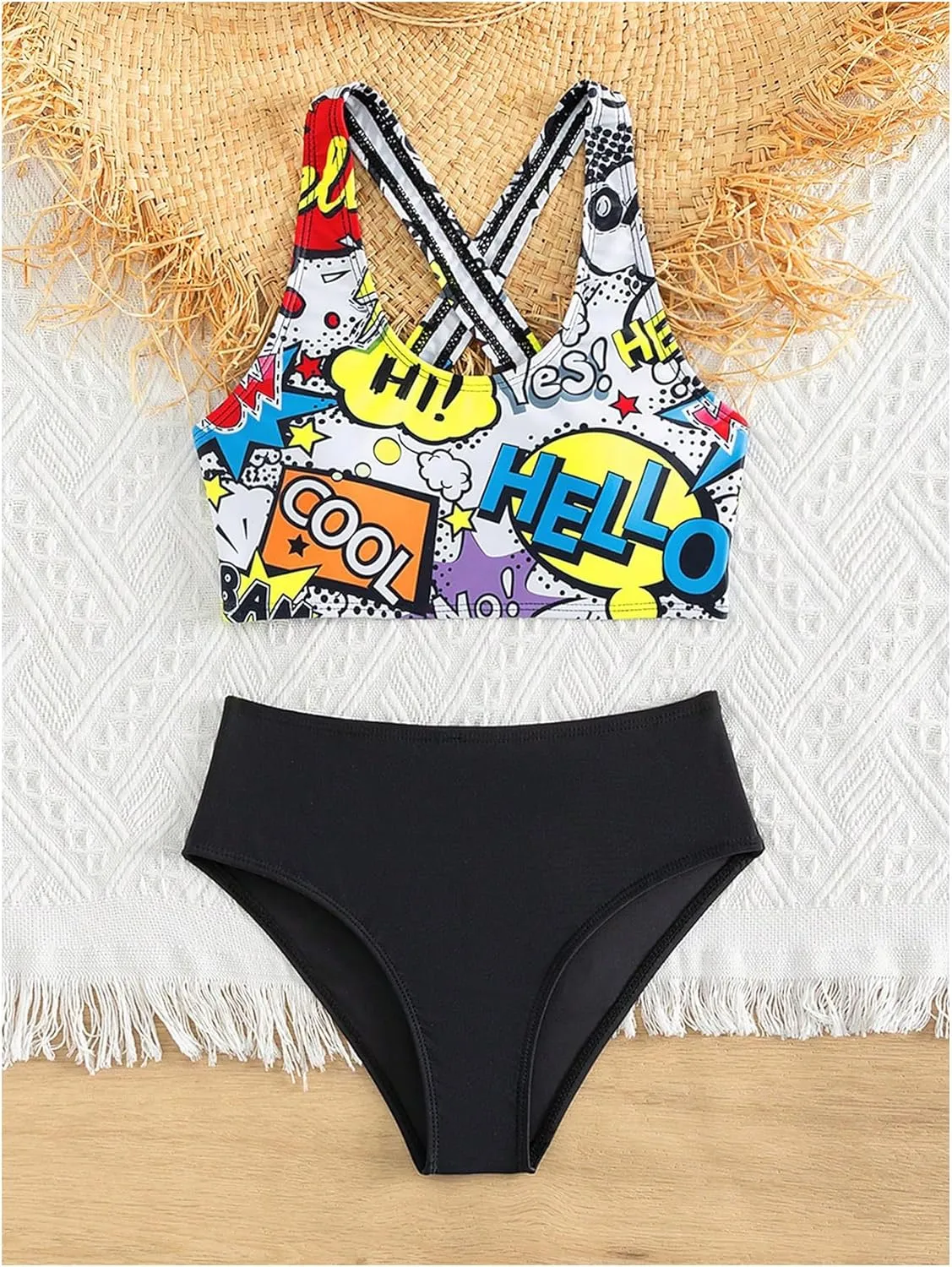 Floerns Girl's Swimsuit Cute Graphic Bathing Suit Criss Cross Rash Guard Swimwear Hawaii Beach Vacation