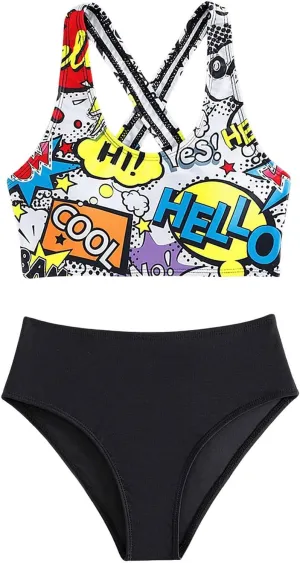 Floerns Girl's Swimsuit Cute Graphic Bathing Suit Criss Cross Rash Guard Swimwear Hawaii Beach Vacation