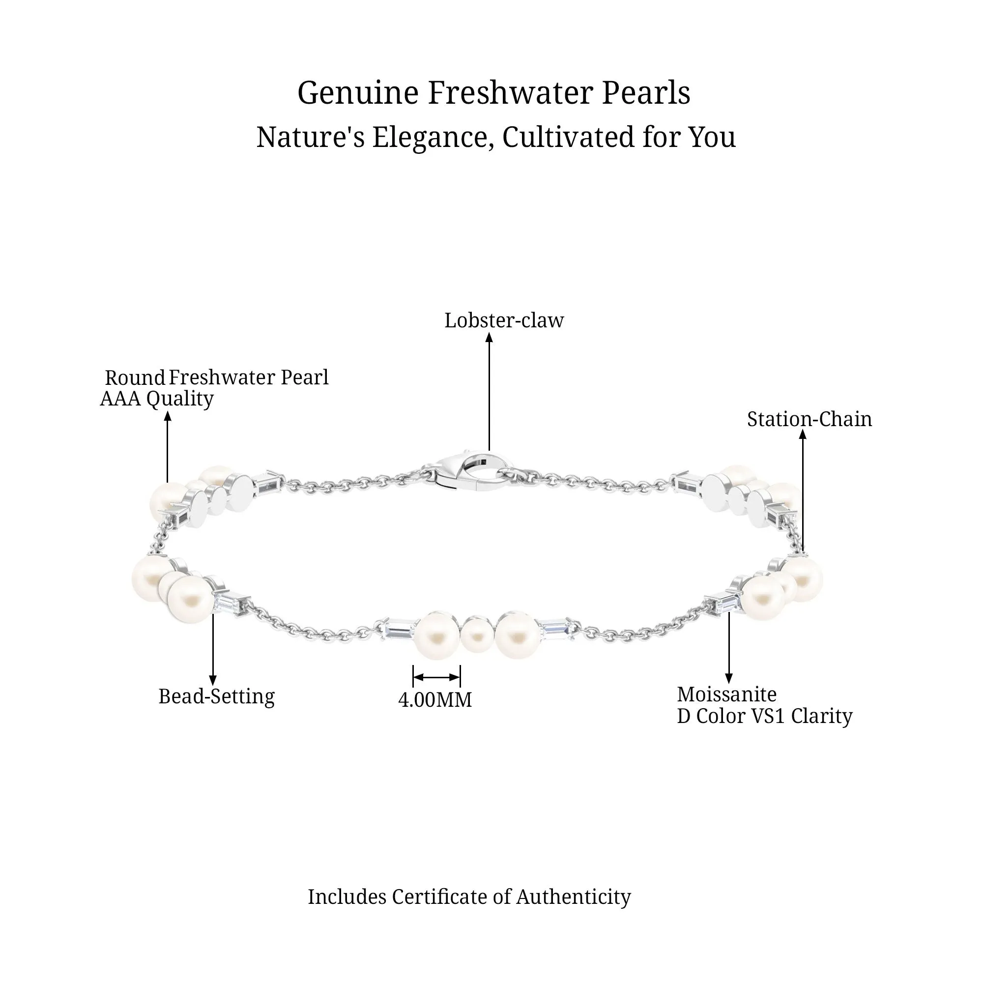 Freshwater Pearl and Moissanite Station Chain Bracelet