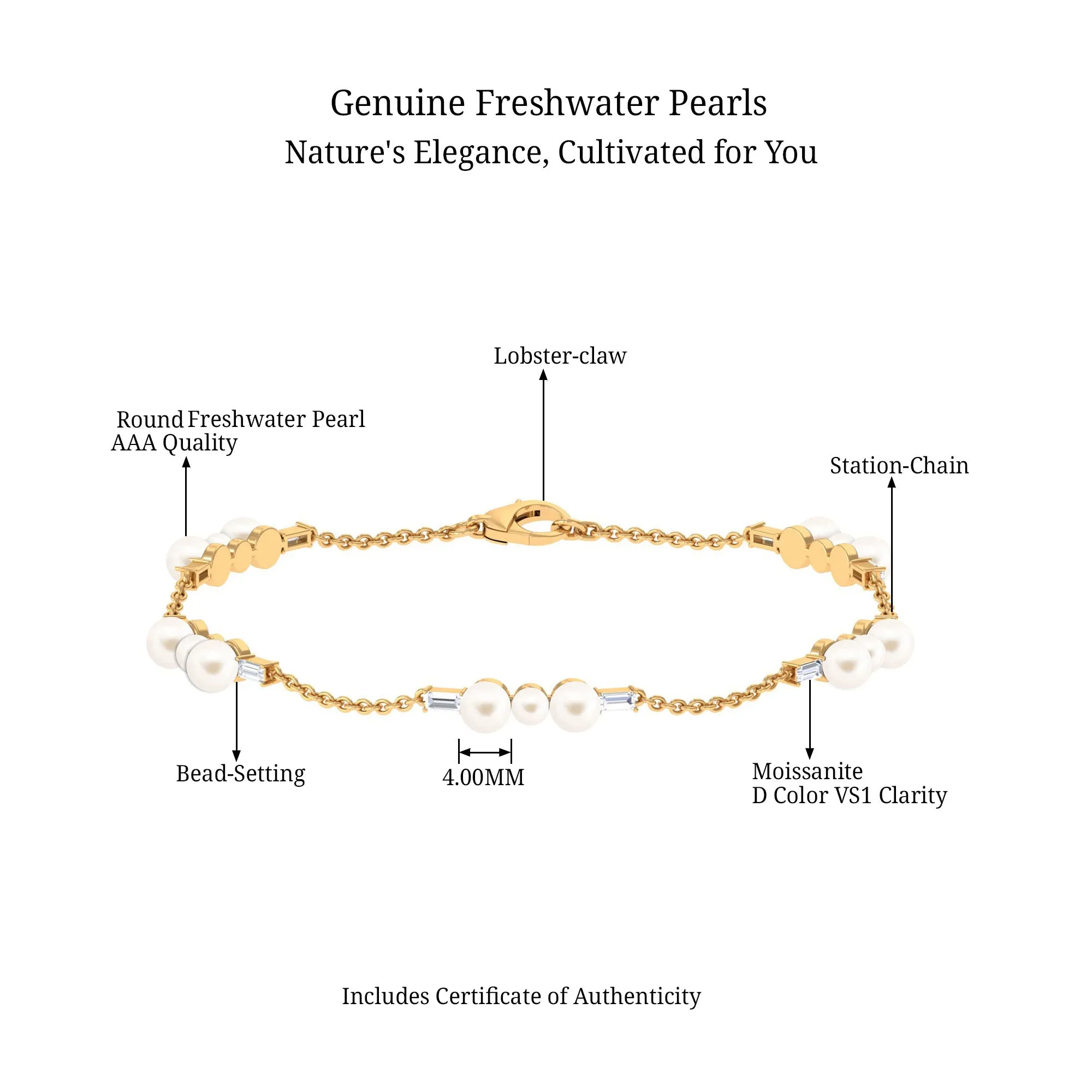 Freshwater Pearl and Moissanite Station Chain Bracelet