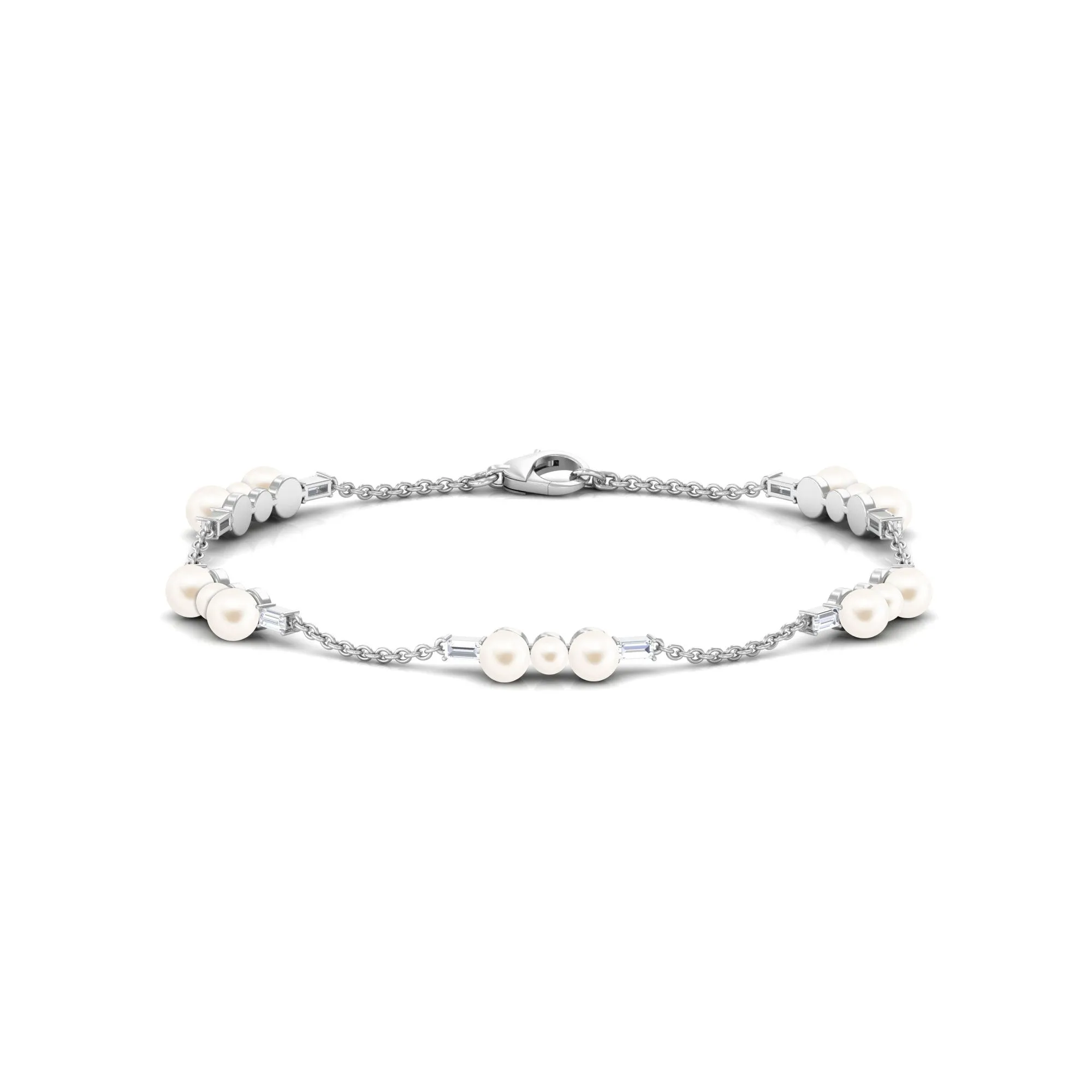 Freshwater Pearl and Moissanite Station Chain Bracelet