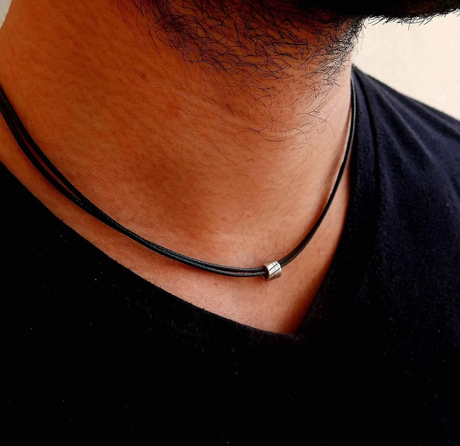 Galis Choker Necklace for Men - Black Leather Cord with Small Stainless Steel Bead Pendant, Stylish Mens Jewelry, Choker Surfer Necklaces, Gifts for Him - 17"