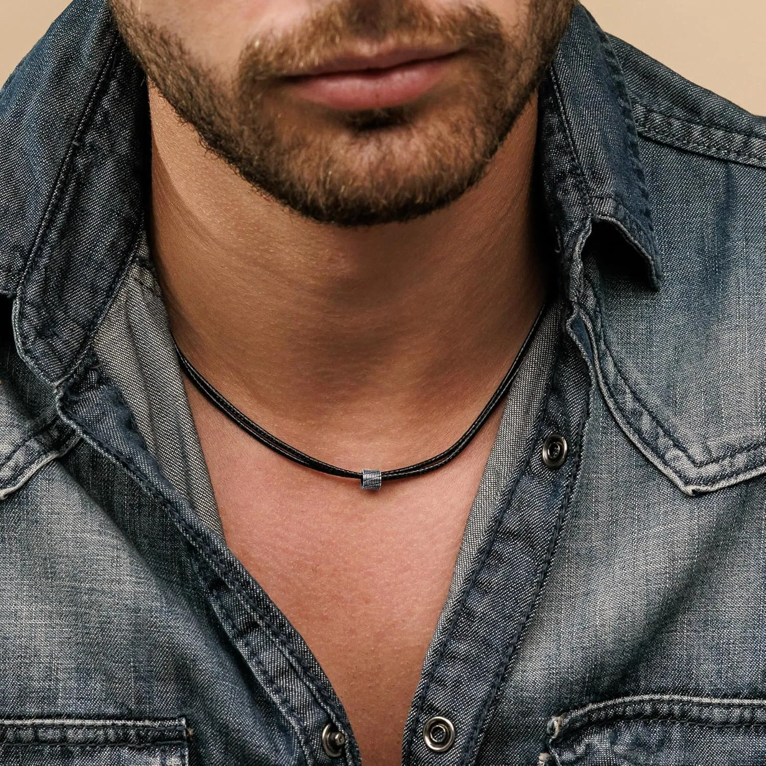 Galis Choker Necklace for Men - Black Leather Cord with Small Stainless Steel Bead Pendant, Stylish Mens Jewelry, Choker Surfer Necklaces, Gifts for Him - 17"