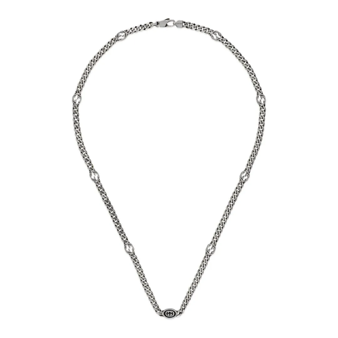 GC Interlocking Motif Sterling Silver Black Enamel Thin Necklace