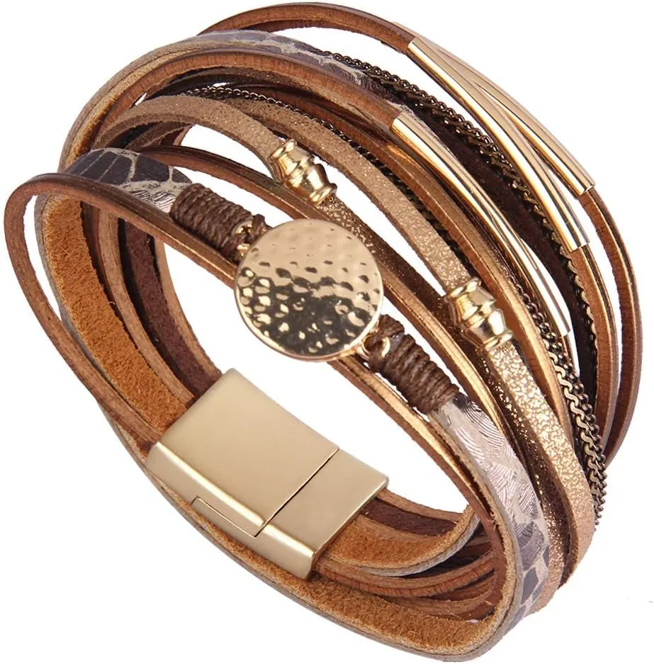 GelConnie Leather Wrap Bracelet Boho Cuff Bracelets Crystal Leather Bracelet Magnetic Multi Strand Bracelets Bohemian Bracelet Leather Wristbands Bangle Jewelry for Women Teen Wife Mother