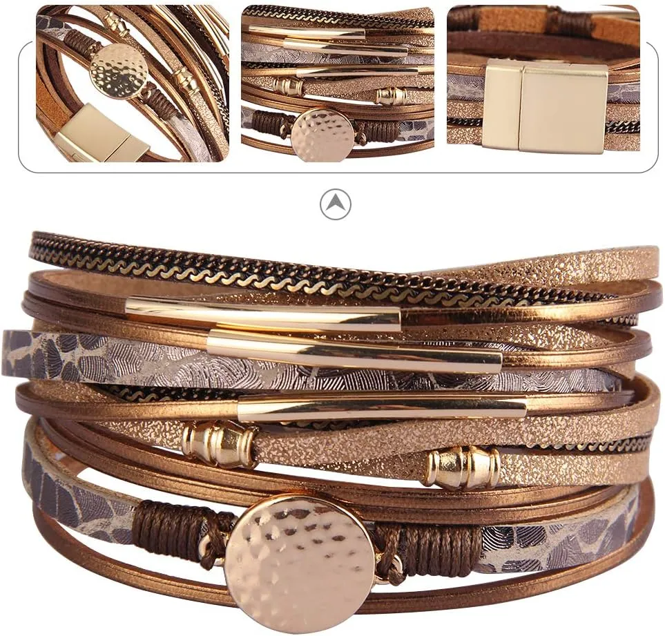 GelConnie Leather Wrap Bracelet Boho Cuff Bracelets Crystal Leather Bracelet Magnetic Multi Strand Bracelets Bohemian Bracelet Leather Wristbands Bangle Jewelry for Women Teen Wife Mother