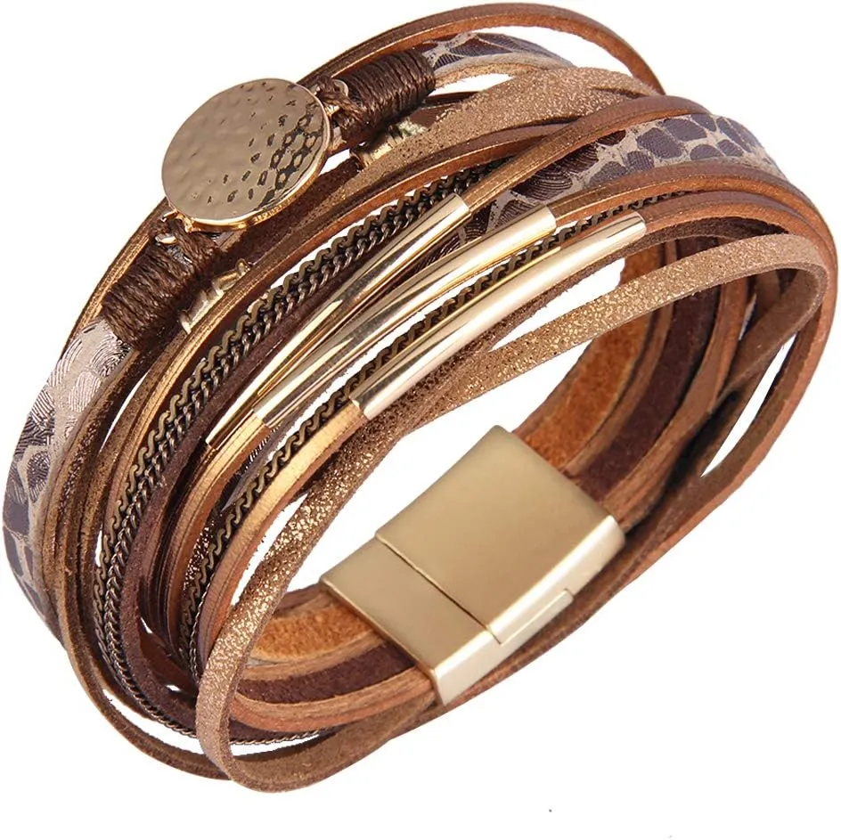 GelConnie Leather Wrap Bracelet Boho Cuff Bracelets Crystal Leather Bracelet Magnetic Multi Strand Bracelets Bohemian Bracelet Leather Wristbands Bangle Jewelry for Women Teen Wife Mother