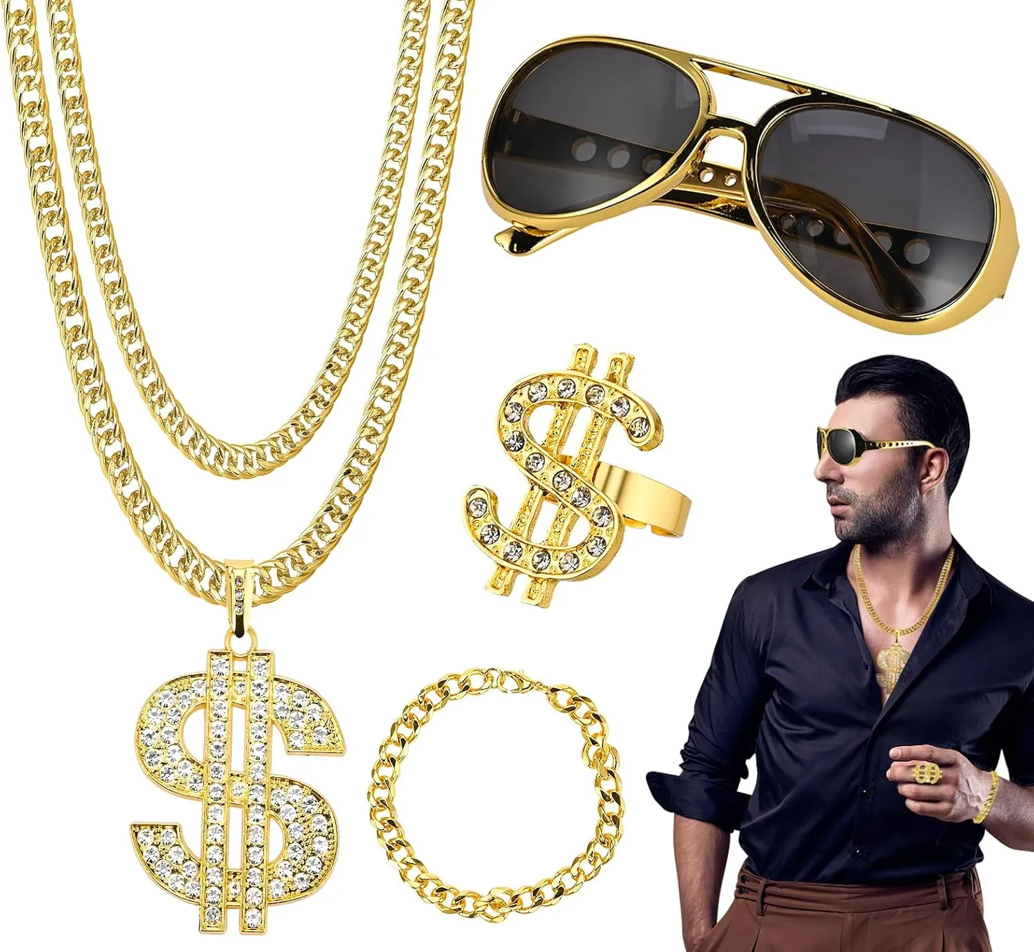 GOLDGE 80s & 90s Hip Hop Costume Kit for Men Women- Old School Rapper Outfit for Halloween Parties - Includes Fake Gold Chain Bracelet, Punk Sunglasses, Dollar Sign Finger Ring & Necklace