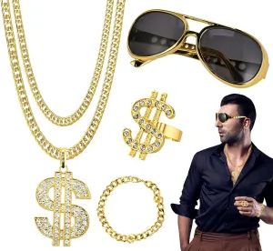 GOLDGE 80s & 90s Hip Hop Costume Kit for Men Women- Old School Rapper Outfit for Halloween Parties - Includes Fake Gold Chain Bracelet, Punk Sunglasses, Dollar Sign Finger Ring & Necklace