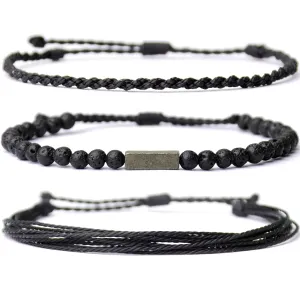 Handmade Natural Gemstone Beaded Healing Bracelet for Men, Adjustable Waterproof Rope String Bracelet with Pyrite Lucky Brick, Birthday Gifts for Him (Lava Rock)