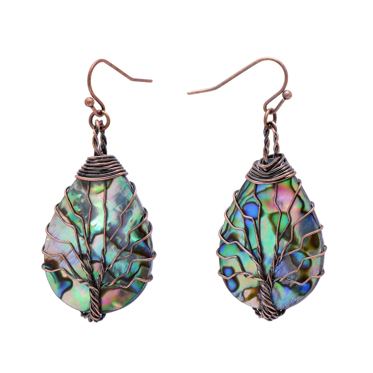 Handmade Teardrop Abalone Shell Dangle Earrings for Women, Wire Craft Tree of Life Earrings