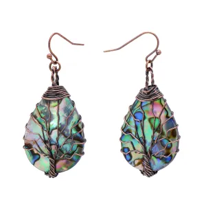 Handmade Teardrop Abalone Shell Dangle Earrings for Women, Wire Craft Tree of Life Earrings