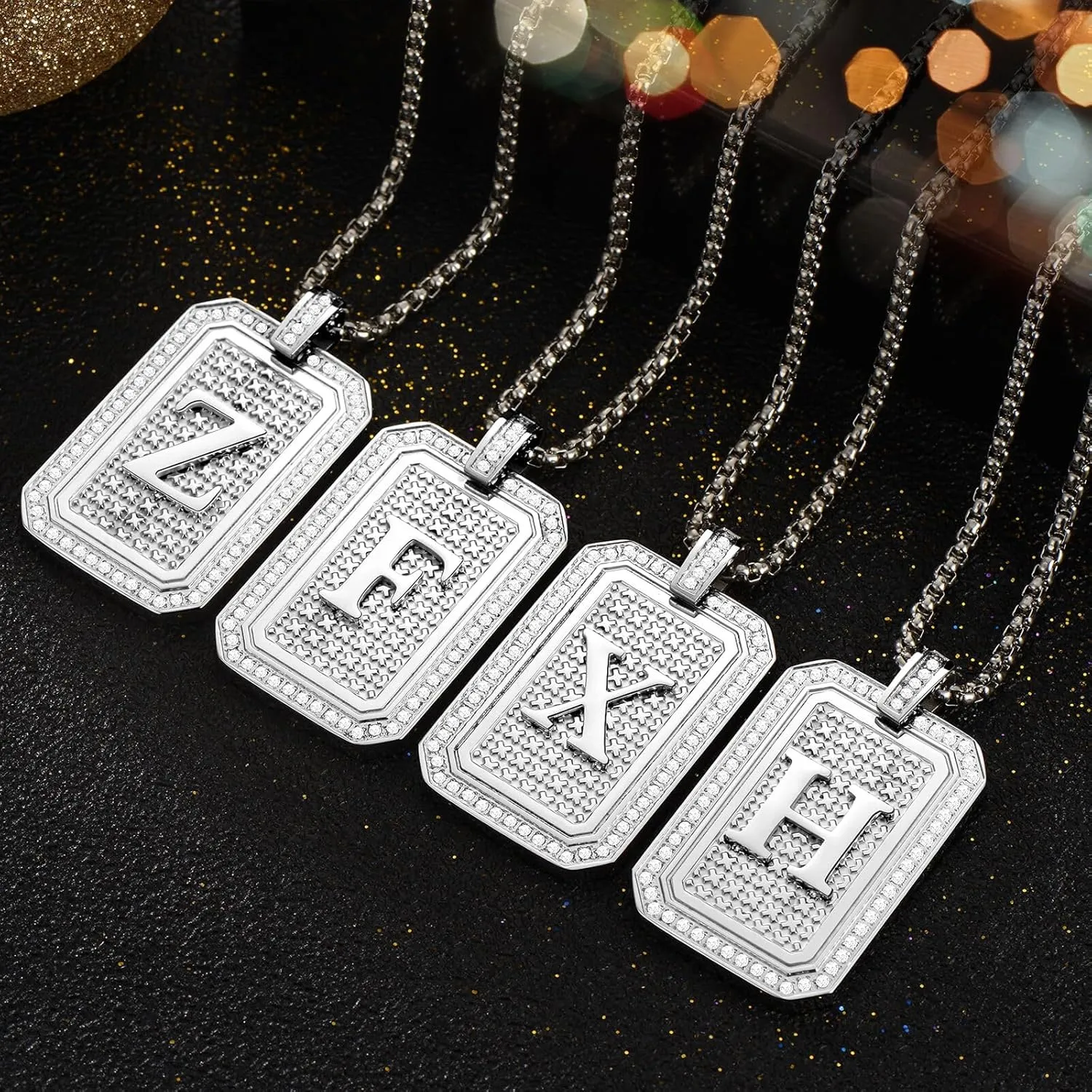 Initial Pendant Necklace Men Women Uppercase Silver Letter Diamond A-Z Stainless Steel Box 22 Inch