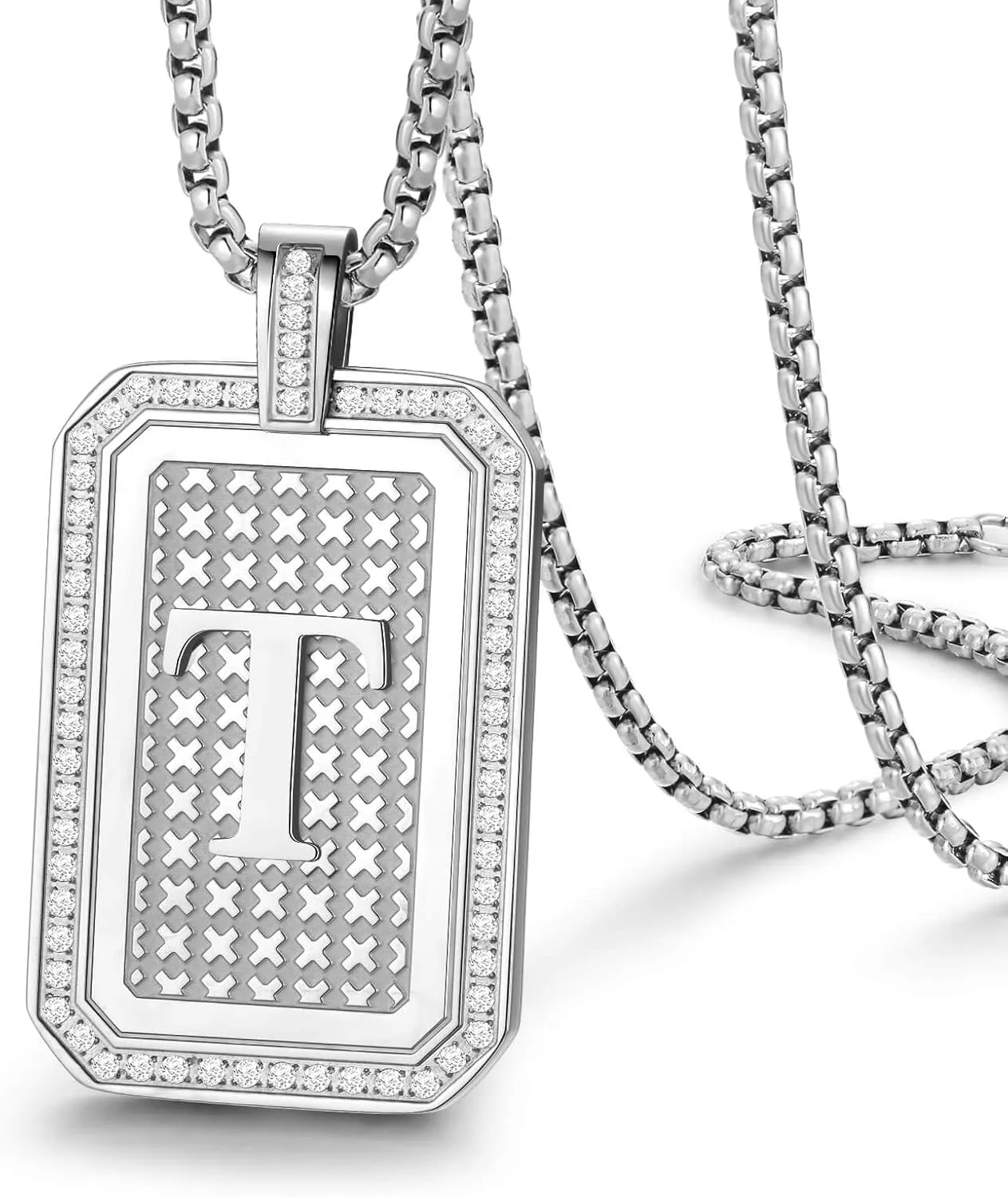 Initial Pendant Necklace Men Women Uppercase Silver Letter Diamond A-Z Stainless Steel Box 22 Inch
