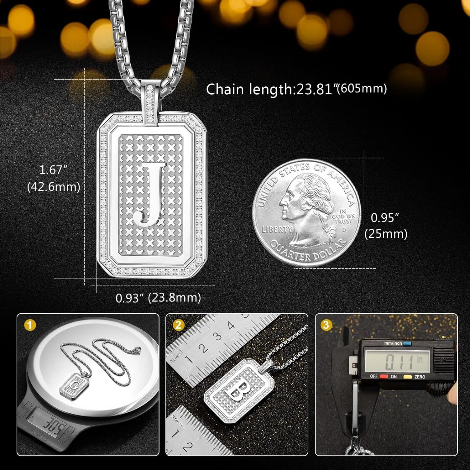 Initial Pendant Necklace Men Women Uppercase Silver Letter Diamond A-Z Stainless Steel Box 22 Inch