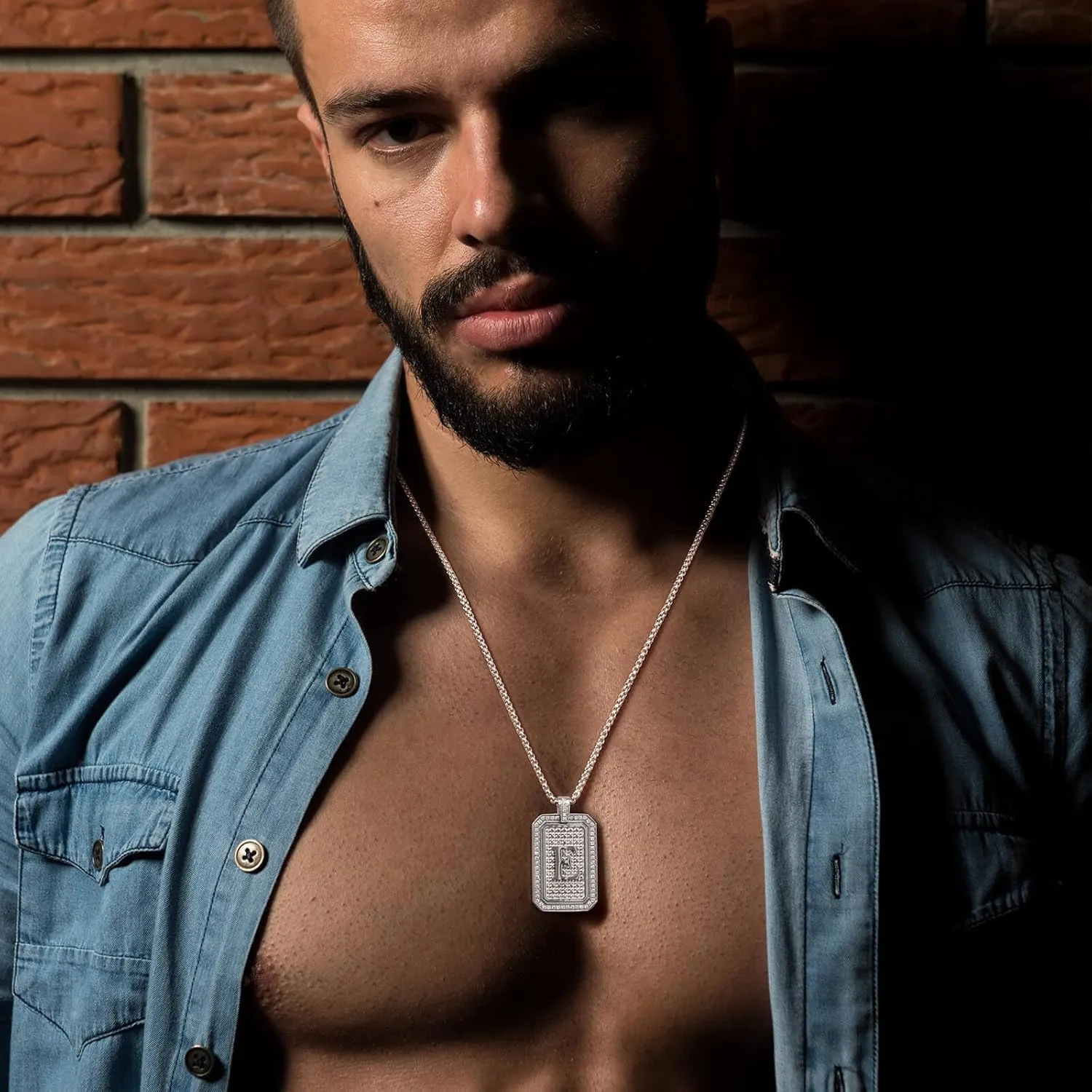 Initial Pendant Necklace Men Women Uppercase Silver Letter Diamond A-Z Stainless Steel Box 22 Inch