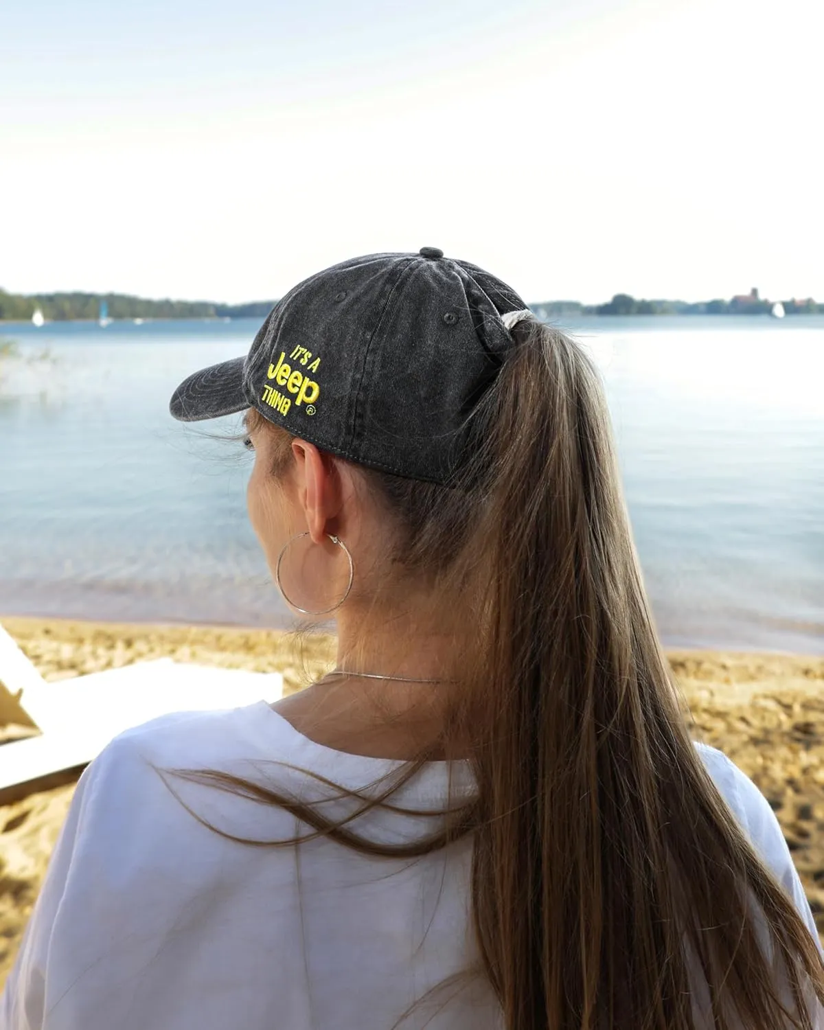 Jeep It's a Thing Washed Ponytail Baseball Hat for Women with Chenille Duck Embroidery - Adjustable Metal Strap - One Size