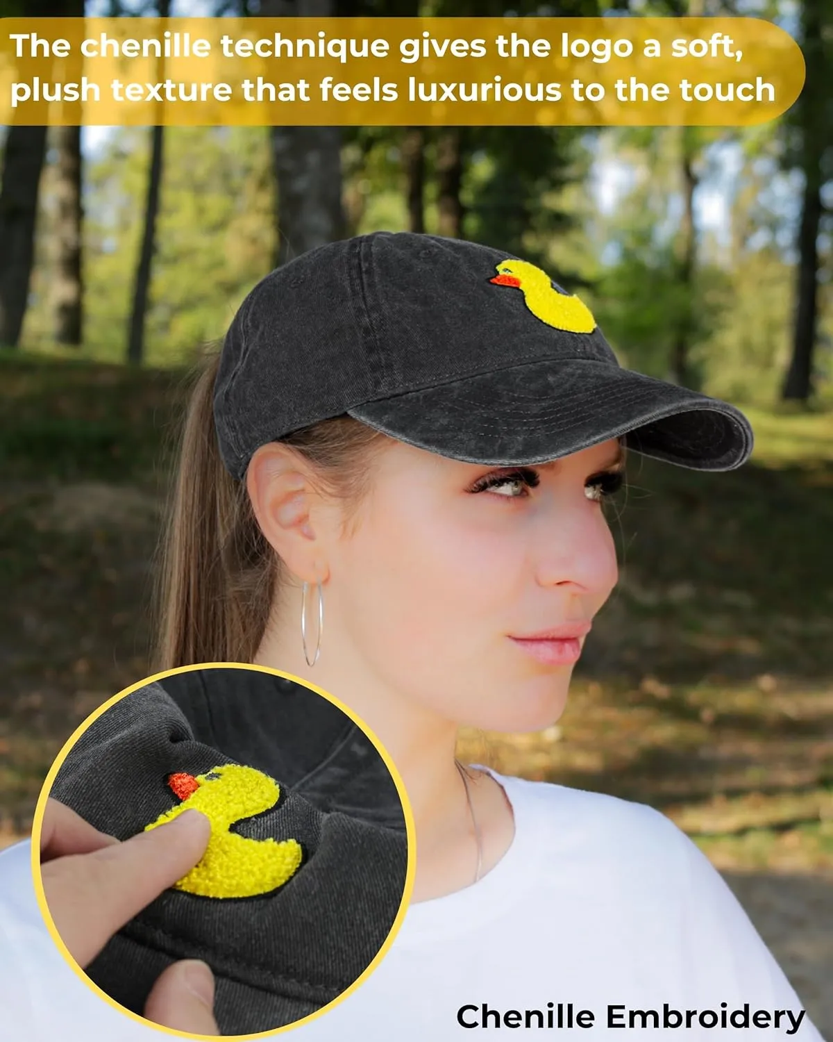 Jeep It's a Thing Washed Ponytail Baseball Hat for Women with Chenille Duck Embroidery - Adjustable Metal Strap - One Size