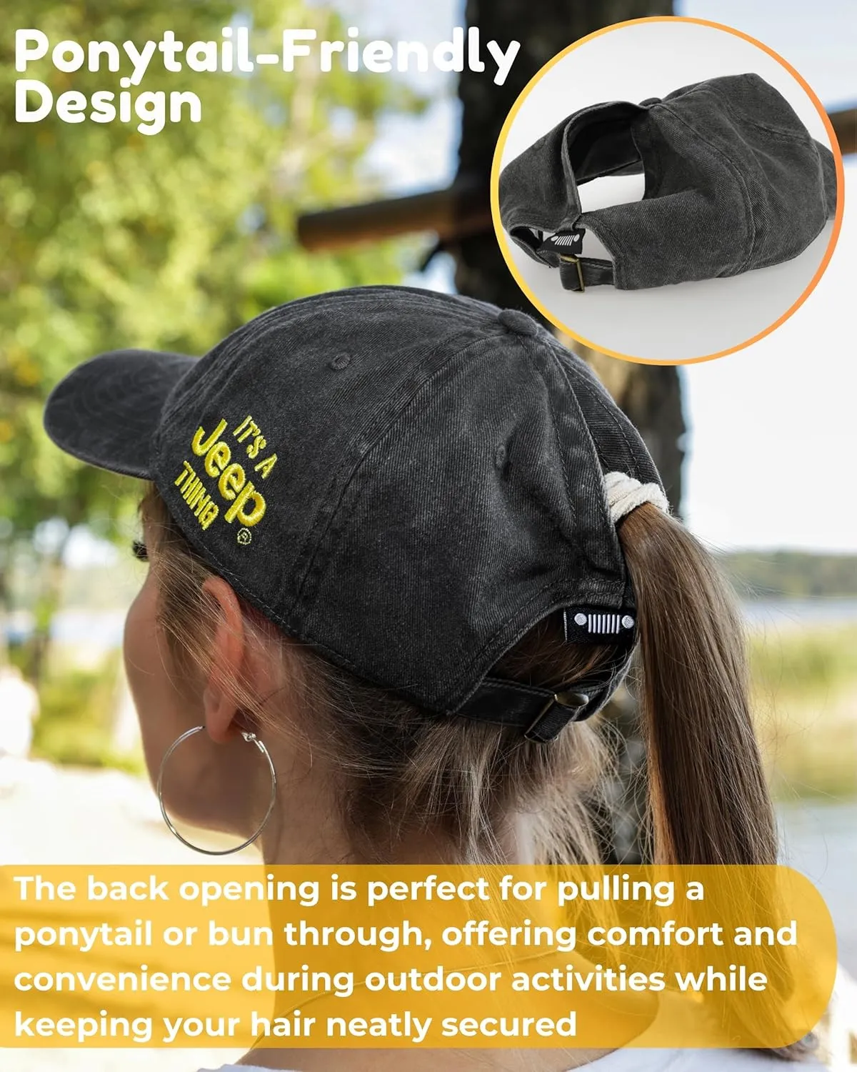 Jeep It's a Thing Washed Ponytail Baseball Hat for Women with Chenille Duck Embroidery - Adjustable Metal Strap - One Size