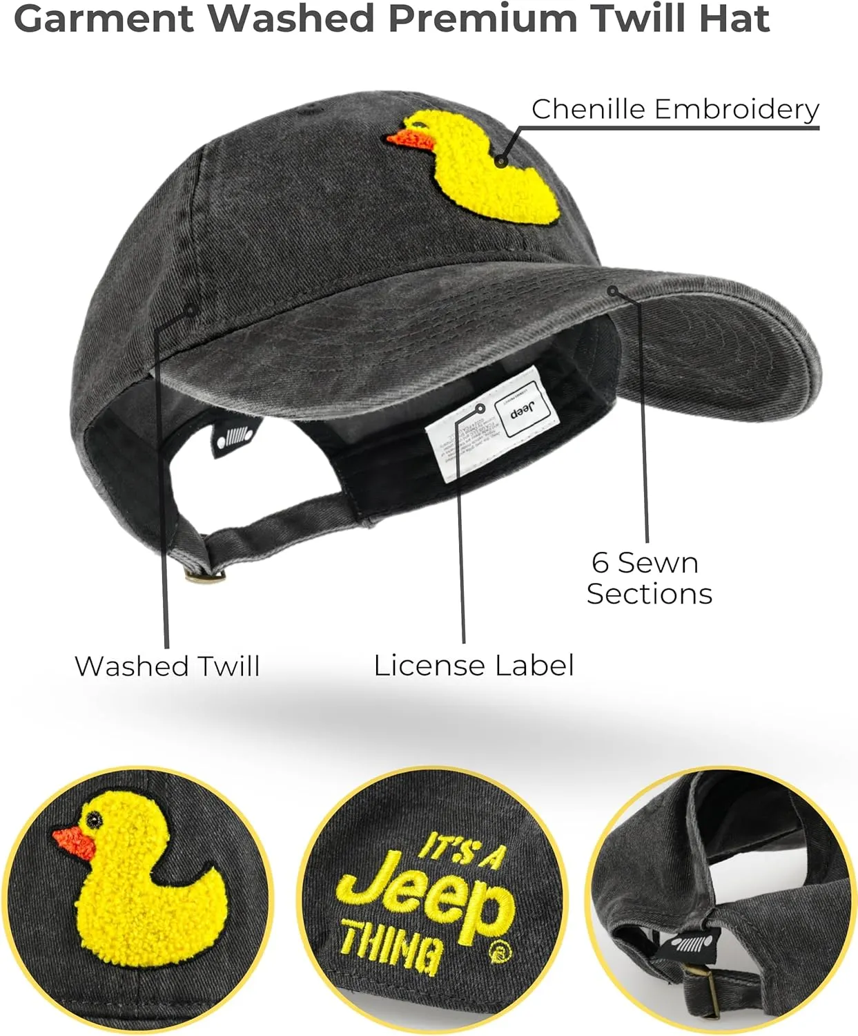 Jeep It's a Thing Washed Ponytail Baseball Hat for Women with Chenille Duck Embroidery - Adjustable Metal Strap - One Size