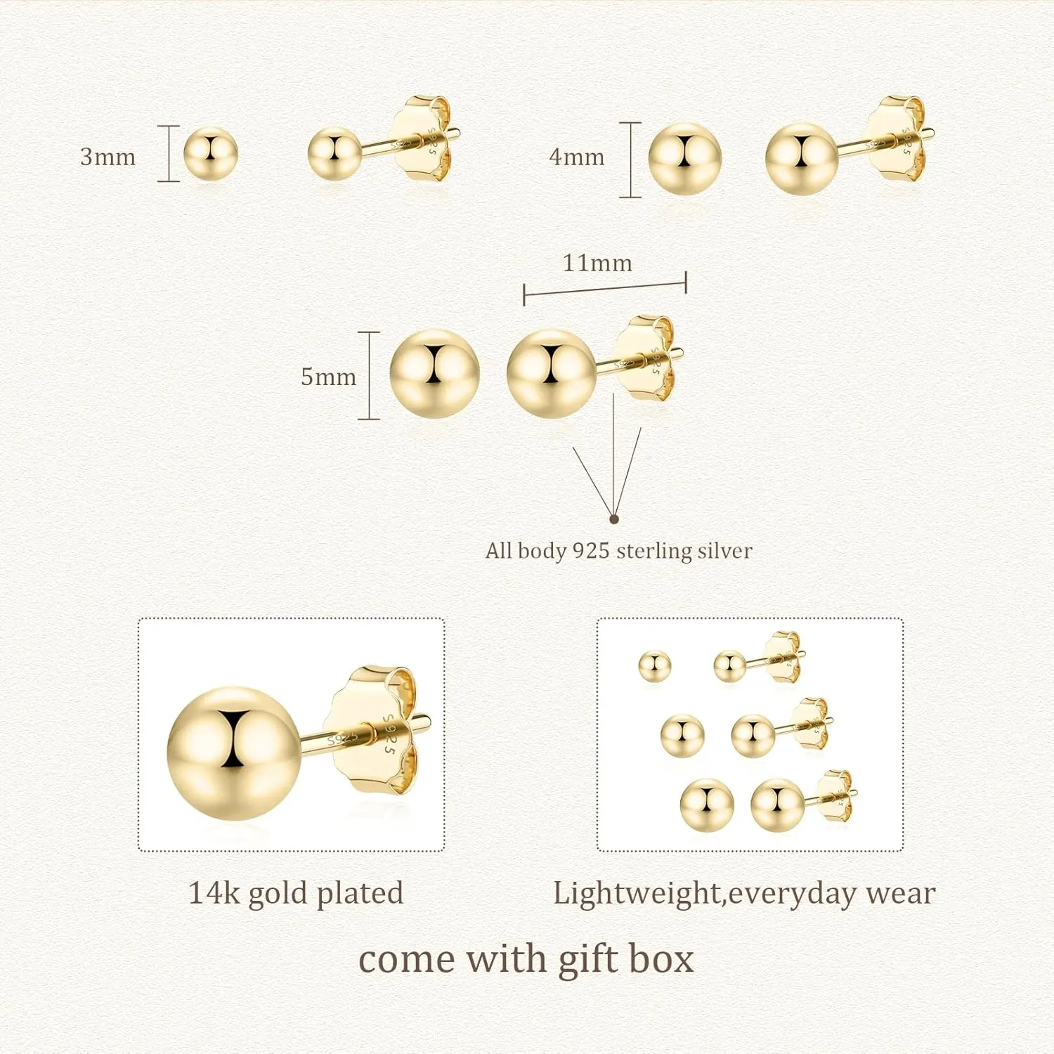 JIAYIQI 925 Sterling Silver Stud Earrings Simple Mini Bar Circle Dot Heart Star Lightning Bolt Stud Earrings 14K Gold Plated Cartilage Earrings Studs for Women Men Hypoallergenic Jewelry