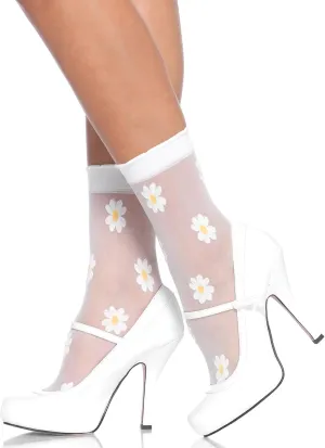 Leg Avenue Women's Sheer Spandex Woven Daisy Anklet Socks, White/Yellow, One Size