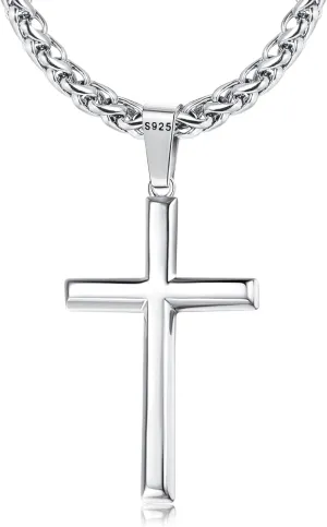 LOLIAS Silver Cross Necklace for Men Women 925 Sterling Silver Cross Pendant with 3mm Durable Stainless Steel Wheat Cross Chain, Crucifix Pendant Mens Cross Necklace Jewelry, 16-30 Inches