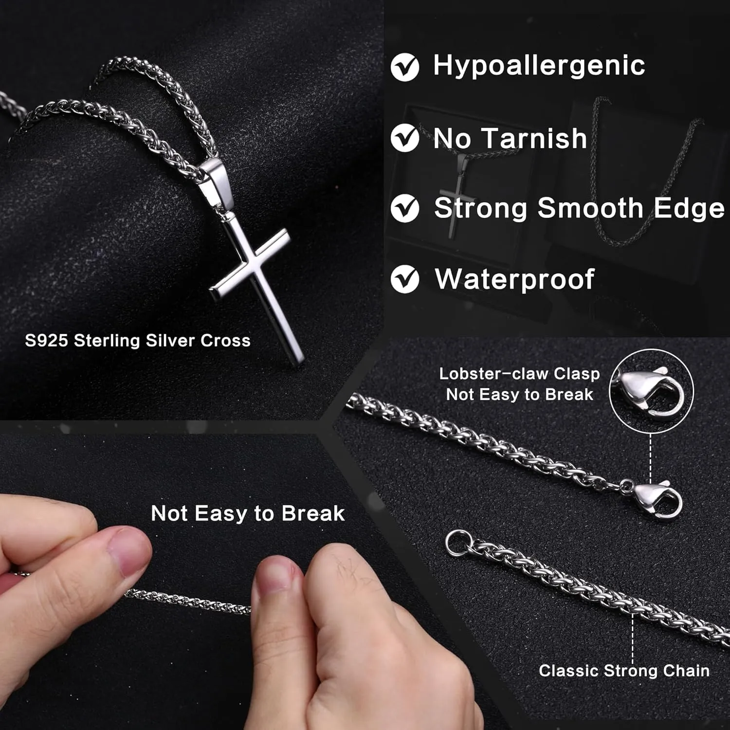 LOLIAS Silver Cross Necklace for Men Women 925 Sterling Silver Cross Pendant with 3mm Durable Stainless Steel Wheat Cross Chain, Crucifix Pendant Mens Cross Necklace Jewelry, 16-30 Inches
