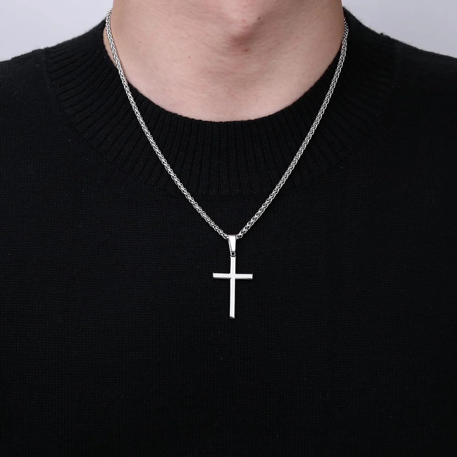 LOLIAS Silver Cross Necklace for Men Women 925 Sterling Silver Cross Pendant with 3mm Durable Stainless Steel Wheat Cross Chain, Crucifix Pendant Mens Cross Necklace Jewelry, 16-30 Inches