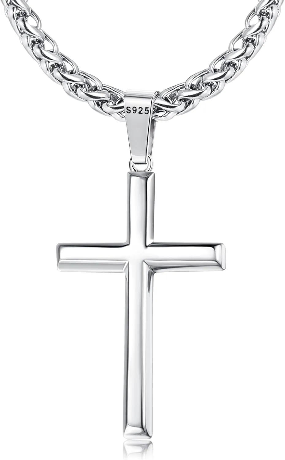 LOLIAS Silver Cross Necklace for Men Women 925 Sterling Silver Cross Pendant with 3mm Durable Stainless Steel Wheat Cross Chain, Crucifix Pendant Mens Cross Necklace Jewelry, 16-30 Inches