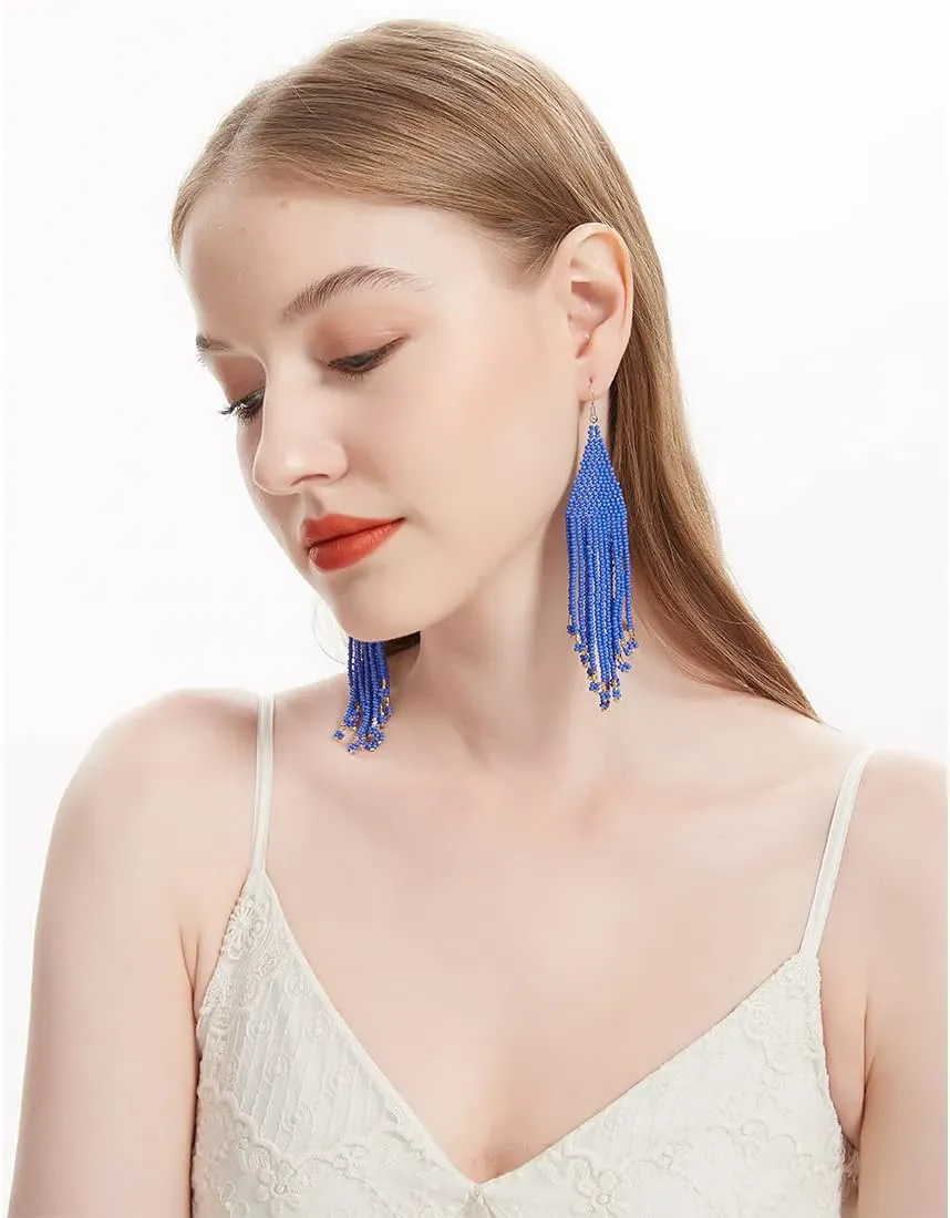 Long Native Beaded Earrings, Big Boho Seed Bead Fringe Dangle Earrings for Women, Large Bohemian Handmade Beaded Tassel Chandelier Drop Earrings