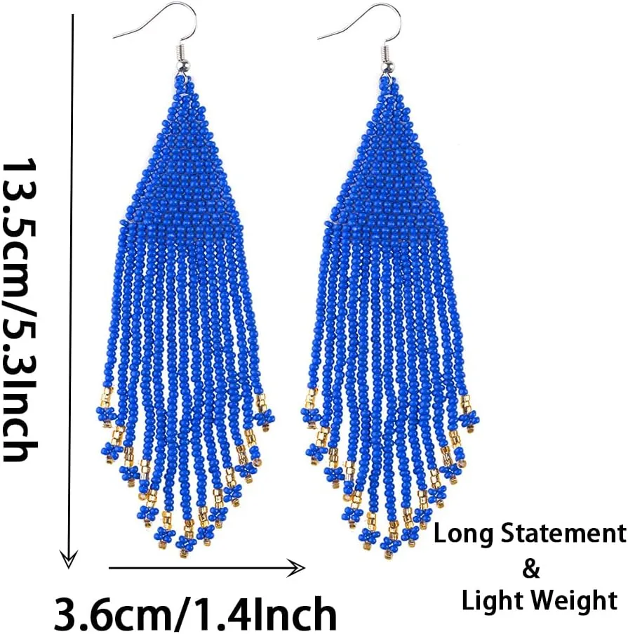 Long Native Beaded Earrings, Big Boho Seed Bead Fringe Dangle Earrings for Women, Large Bohemian Handmade Beaded Tassel Chandelier Drop Earrings