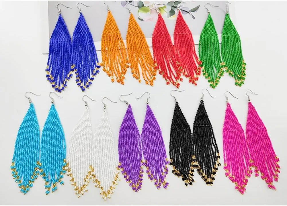 Long Native Beaded Earrings, Big Boho Seed Bead Fringe Dangle Earrings for Women, Large Bohemian Handmade Beaded Tassel Chandelier Drop Earrings