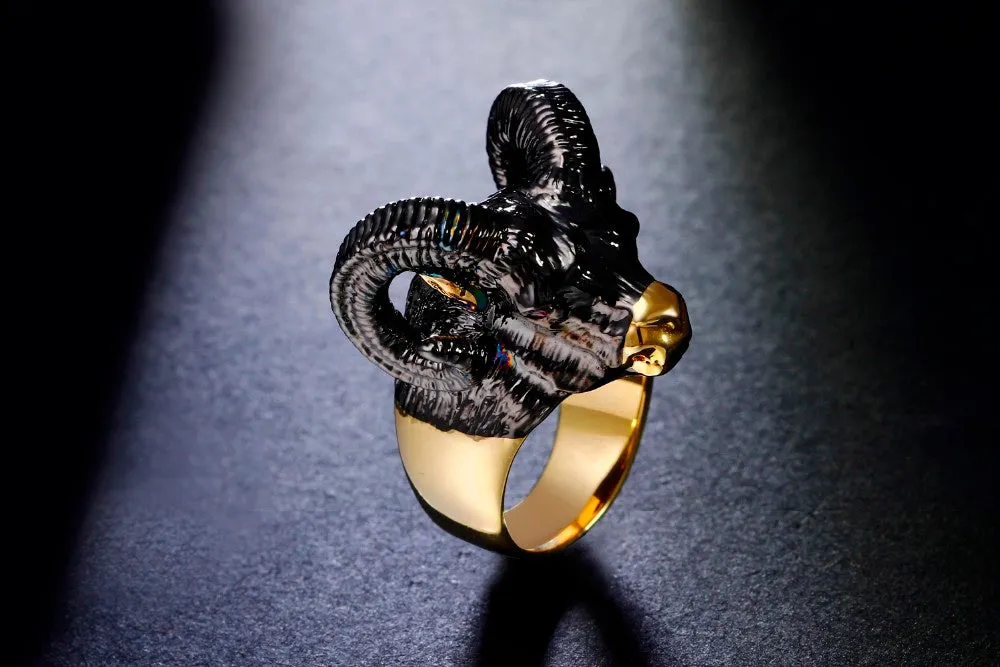 Massive Black Metal and Gold Goat Head with Curled Horns Ring