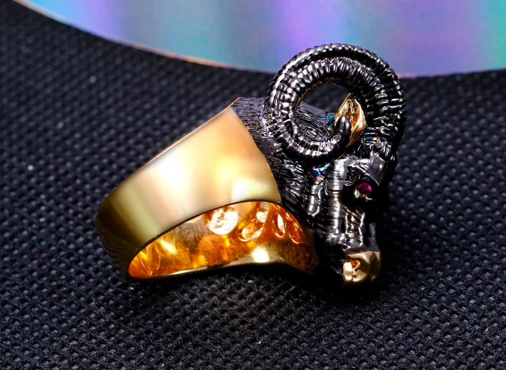 Massive Black Metal and Gold Goat Head with Curled Horns Ring
