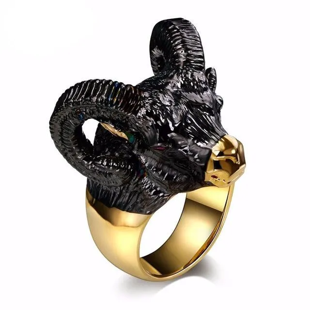 Massive Black Metal and Gold Goat Head with Curled Horns Ring