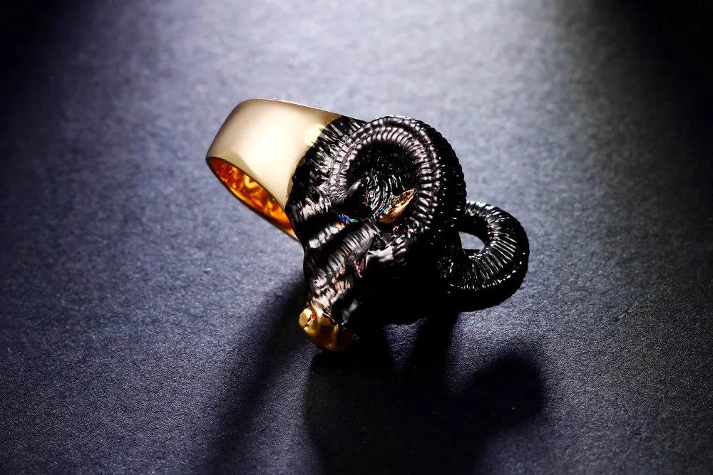 Massive Black Metal and Gold Goat Head with Curled Horns Ring