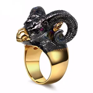 Massive Black Metal and Gold Goat Head with Curled Horns Ring