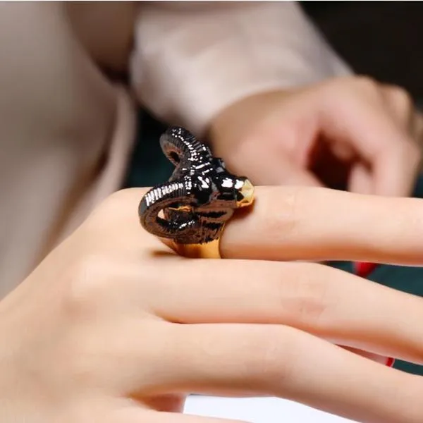 Massive Black Metal and Gold Goat Head with Curled Horns Ring