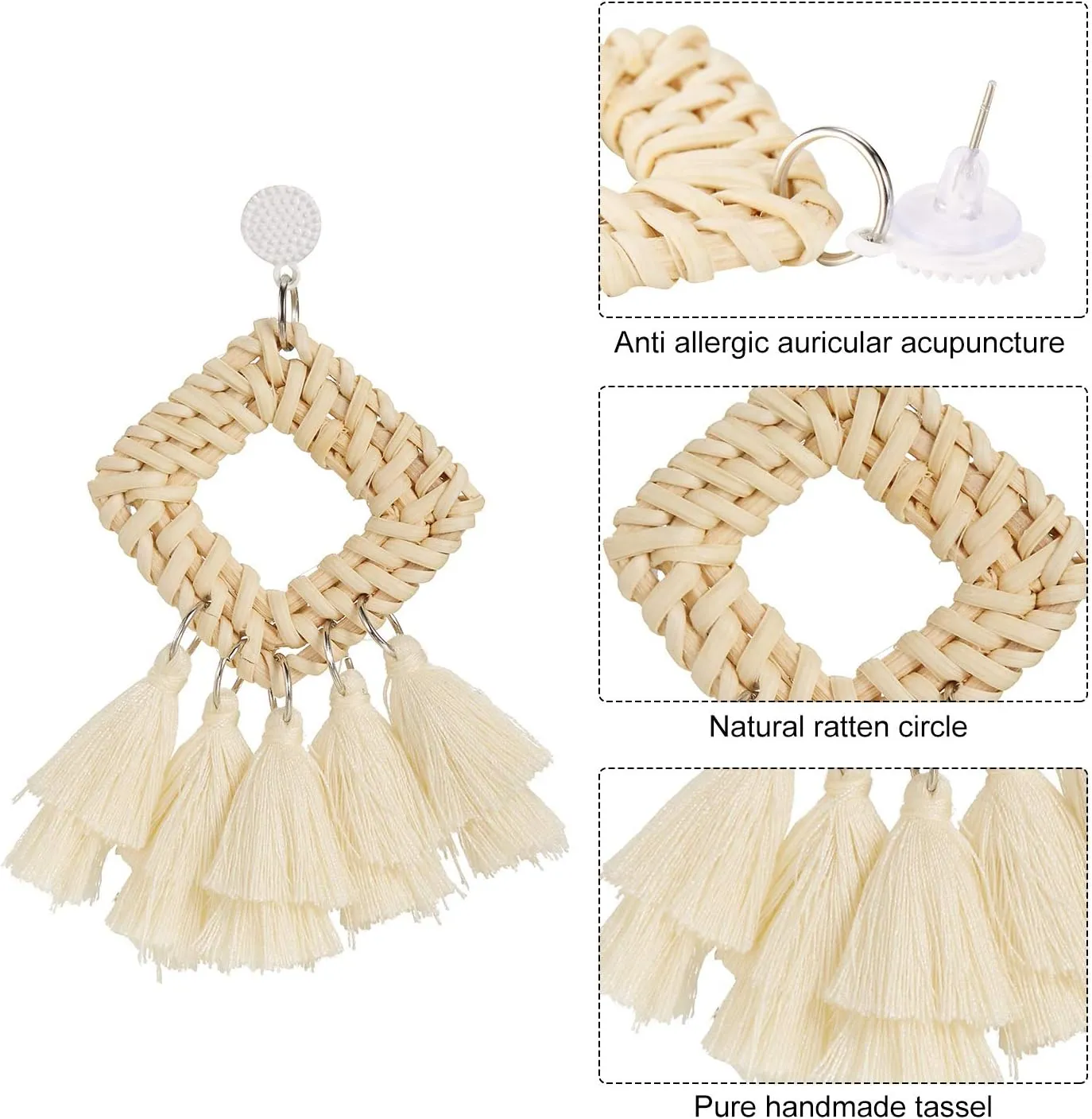 meekoo 4 Pairs Rattan Earrings for Women Beach Essentials Tassel Dangle Boho Straw Earrings