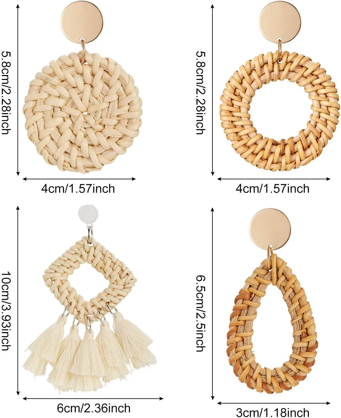 meekoo 4 Pairs Rattan Earrings for Women Beach Essentials Tassel Dangle Boho Straw Earrings