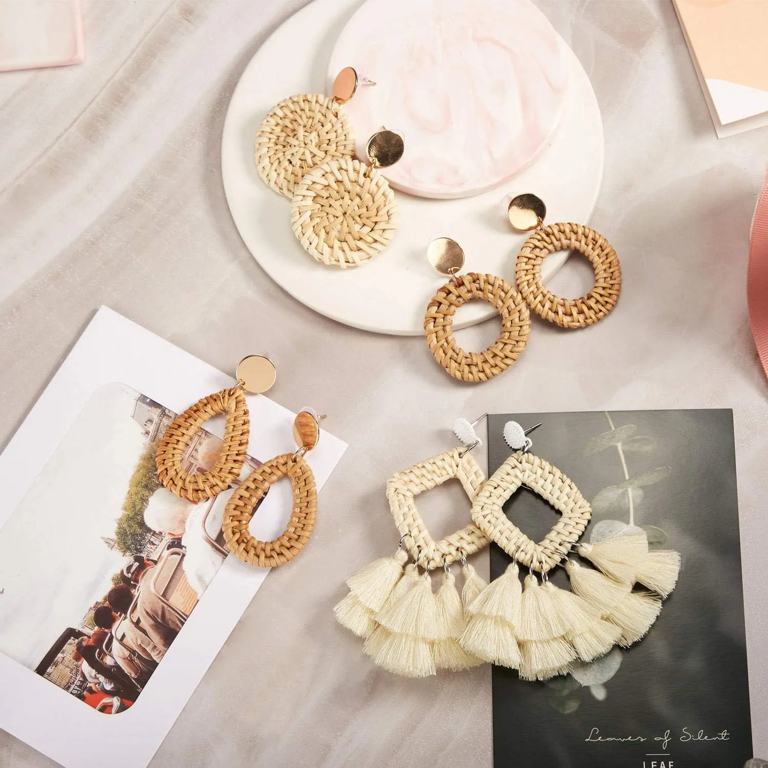 meekoo 4 Pairs Rattan Earrings for Women Beach Essentials Tassel Dangle Boho Straw Earrings