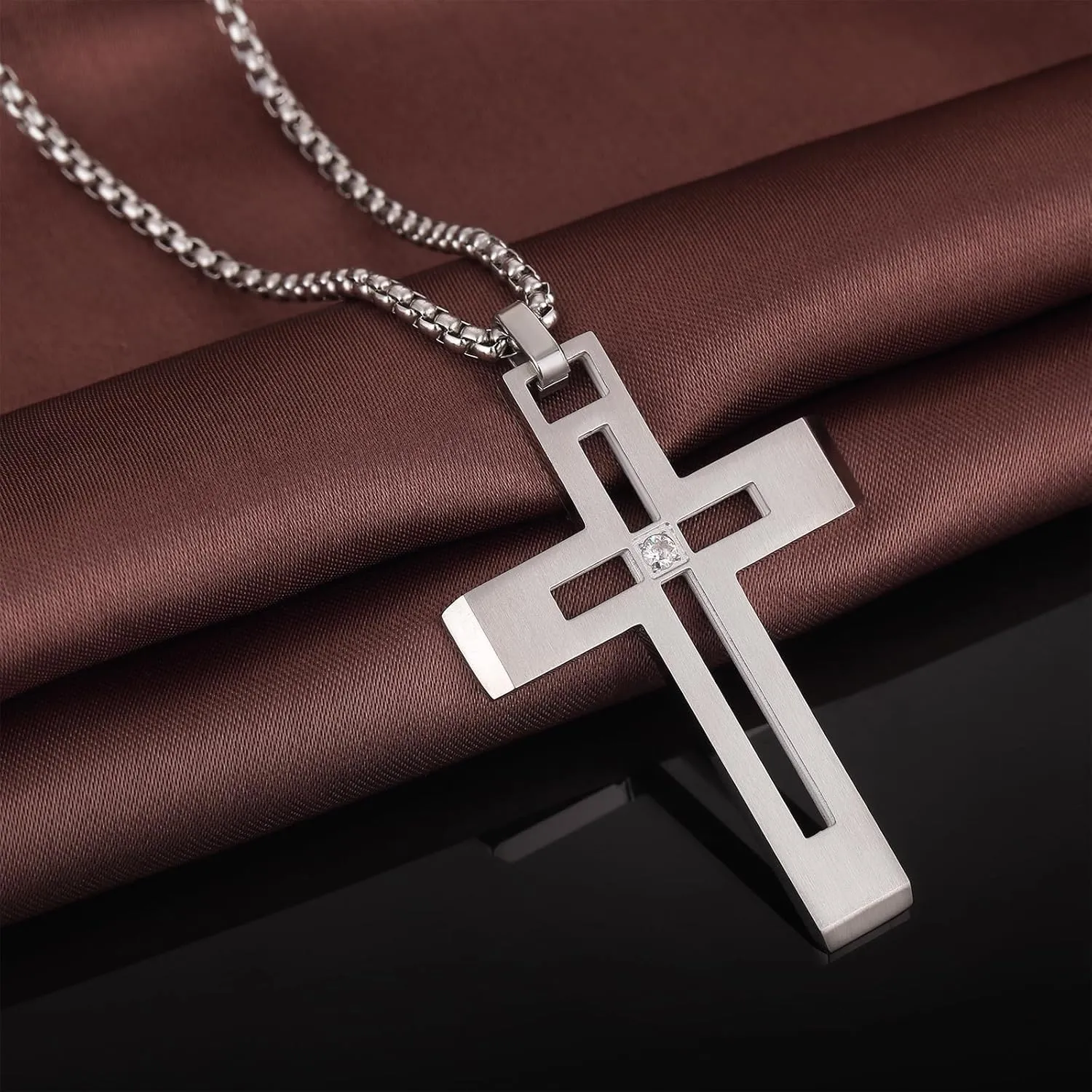 Men's Cross Necklace 316L Stainless Steel Large Heavy Cross Pendant for Men Polished White/Gold/Black Jewelry Rolo Chain with 22'' 24'' 26''