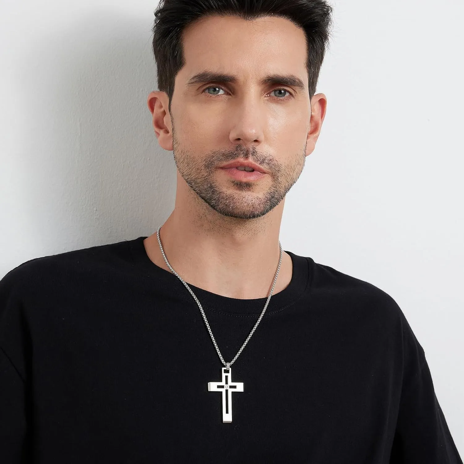 Men's Cross Necklace 316L Stainless Steel Large Heavy Cross Pendant for Men Polished White/Gold/Black Jewelry Rolo Chain with 22'' 24'' 26''