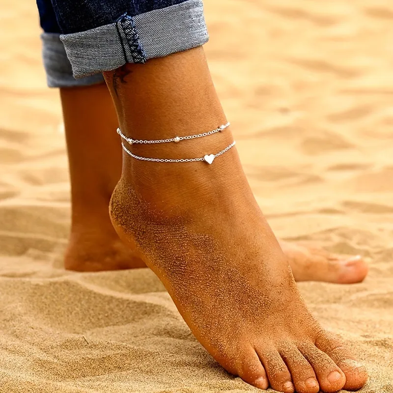 Minimalist Heart Anklet Set for Women  2 Pack