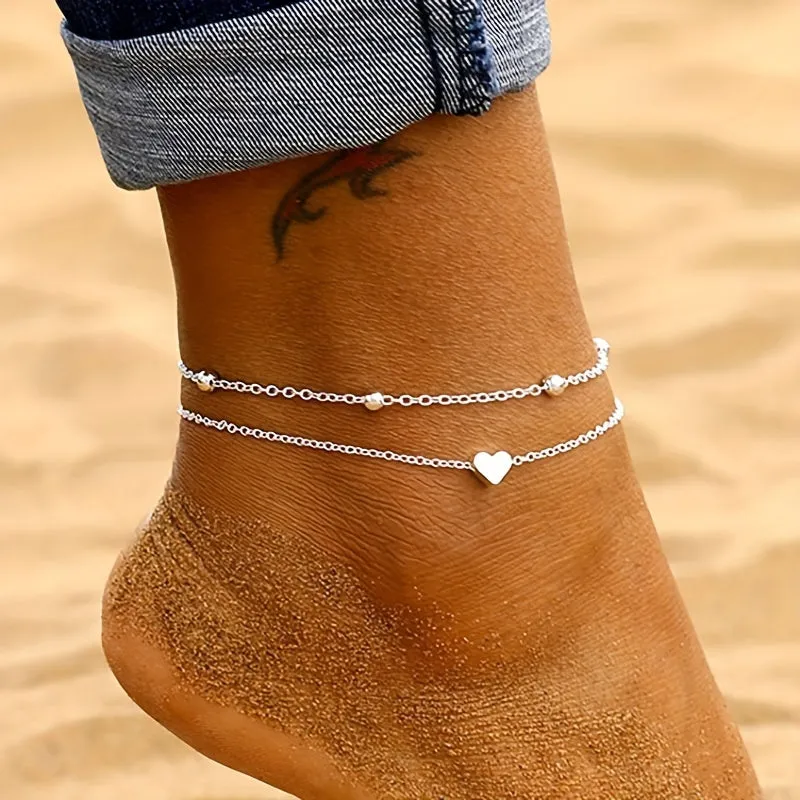 Minimalist Heart Anklet Set for Women  2 Pack