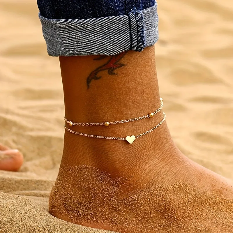 Minimalist Heart Anklet Set for Women  2 Pack